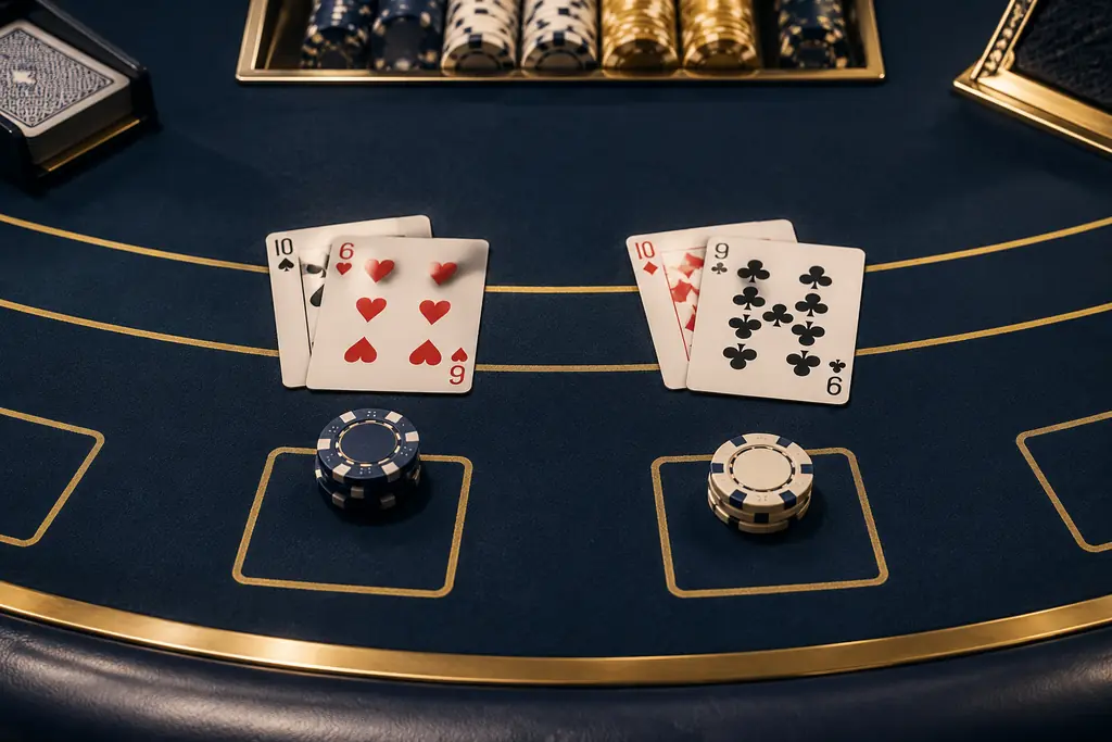 Dua tangan kartu di atas meja blackjack