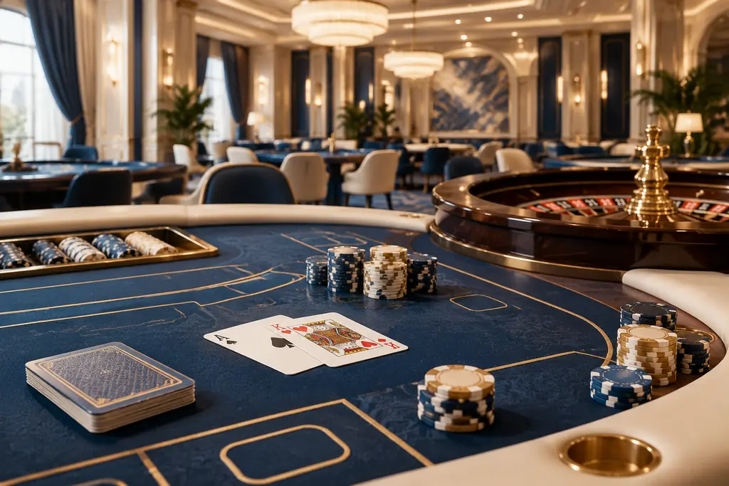 Meja kartu dan roda roulette di ruang kasino bernuansa biru dan emas